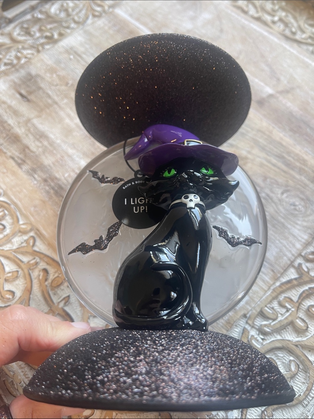 Black Cat Halloween Light-Up Home Accent with Purple Hat